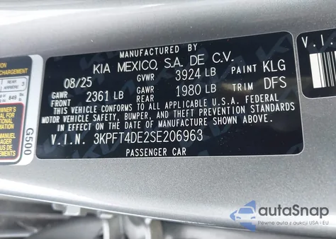 2025 Kia K4 Lxs из США, поврежденный, VIN 3KPFT4DE2SE206963